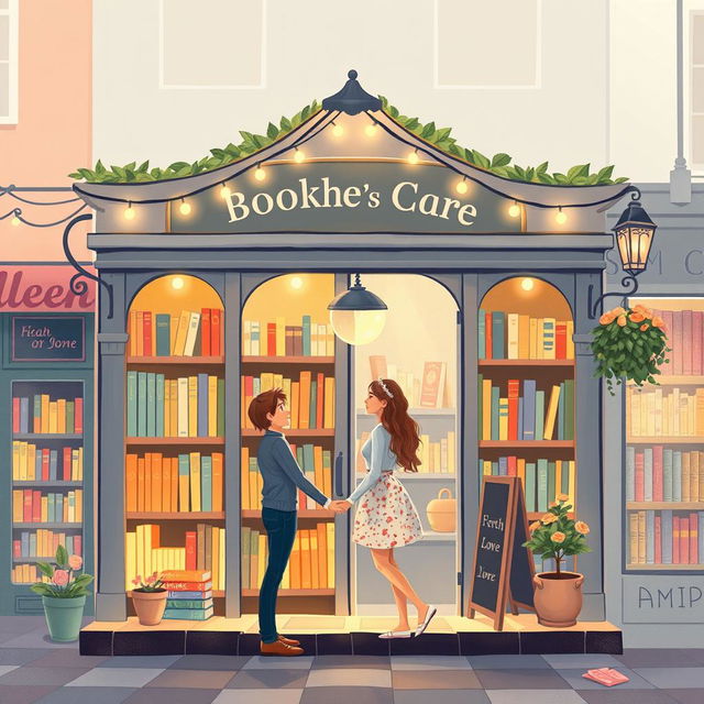 An enchanting and lovely book cover design illustrated in a whimsical style, featuring a romantic couple in love standing in front of a charming bookshop