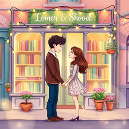 An enchanting and lovely book cover design illustrated in a whimsical style, featuring a romantic couple in love standing in front of a charming bookshop