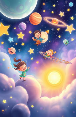 A whimsical and enchanting scene depicting children with joyful expressions exploring a dreamy, star-filled sky