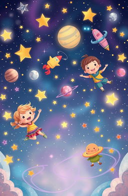 A whimsical and enchanting scene depicting children with joyful expressions exploring a dreamy, star-filled sky