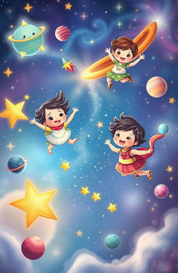 A whimsical and enchanting scene depicting children with joyful expressions exploring a dreamy, star-filled sky