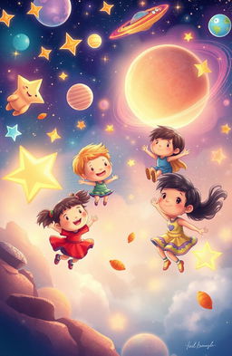 A whimsical and enchanting scene depicting children with joyful expressions exploring a dreamy, star-filled sky