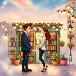 An enchanting and lovely book cover design illustrated in a whimsical style, featuring a romantic couple in love standing in front of a cozy bookshop
