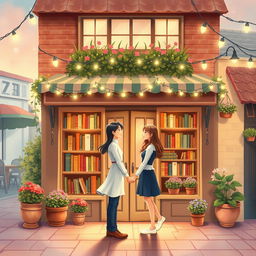 An enchanting and lovely book cover design illustrated in a whimsical style, featuring a romantic couple in love standing in front of a cozy bookshop