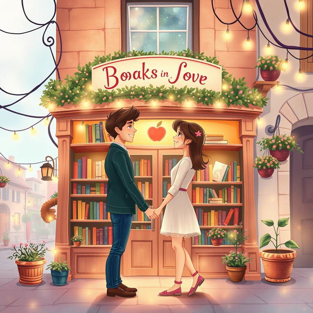 An enchanting and lovely book cover design illustrated in a whimsical style, featuring a romantic couple in love standing in front of a cozy bookshop