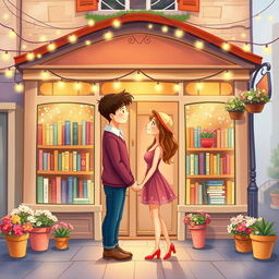 An enchanting and lovely book cover design illustrated in a whimsical style, featuring a romantic couple in love standing in front of a cozy bookshop