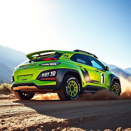 A lime green 2020 Hyundai Kona modified as a rally car, showcasing aggressive styling with wide-body fenders, high-performance tires, and striking racing decals