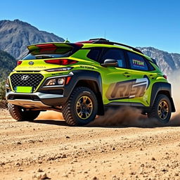 A lime green 2020 Hyundai Kona modified as a rally car, showcasing aggressive styling with wide-body fenders, high-performance tires, and striking racing decals