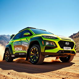A lime green 2020 Hyundai Kona modified as a rally car, showcasing aggressive styling with wide-body fenders, high-performance tires, and striking racing decals