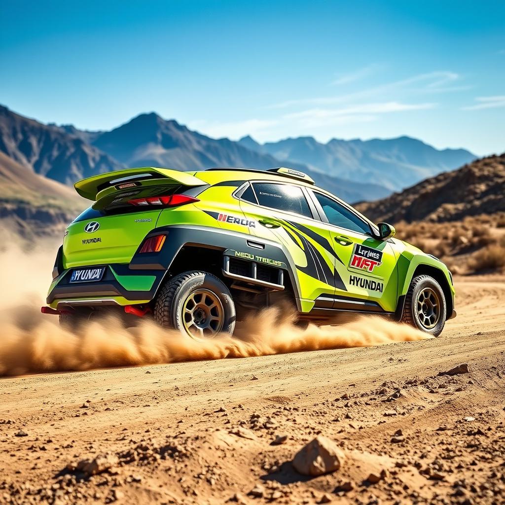 A lime green 2020 Hyundai Kona modified as a rally car, showcasing aggressive styling with wide-body fenders, high-performance tires, and striking racing decals