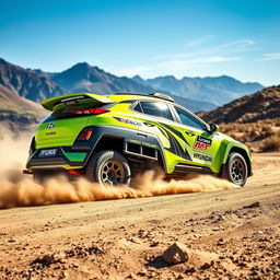 A lime green 2020 Hyundai Kona modified as a rally car, showcasing aggressive styling with wide-body fenders, high-performance tires, and striking racing decals