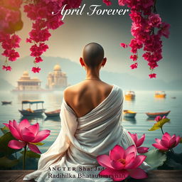 A serene and atmospheric book cover featuring a slim and slender tonsured woman’s back in a white flowing sari