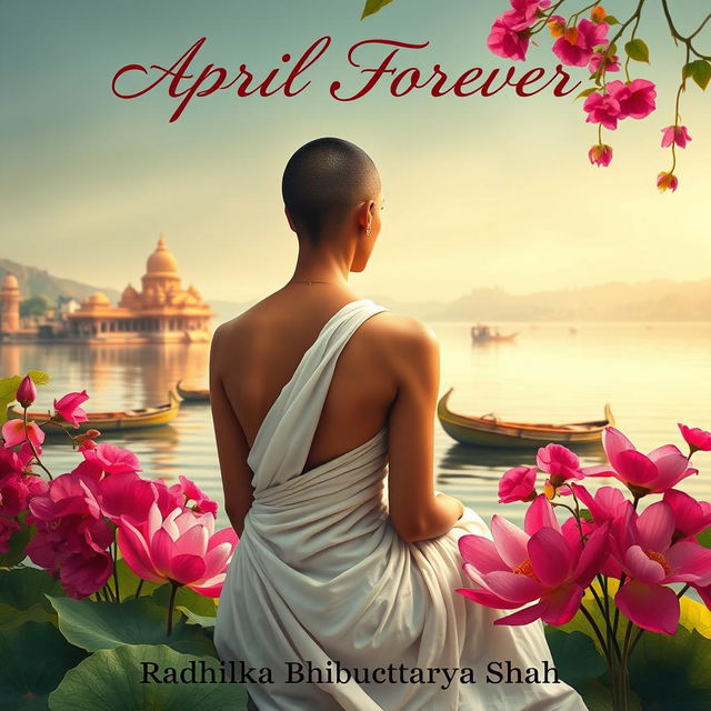 A serene and atmospheric book cover featuring a slim and slender tonsured woman’s back in a white flowing sari