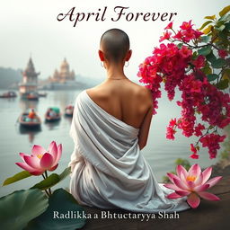 A serene and atmospheric book cover featuring a slim and slender tonsured woman’s back in a white flowing sari