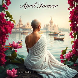 A serene and atmospheric book cover featuring a slim and slender tonsured woman’s back in a white flowing sari