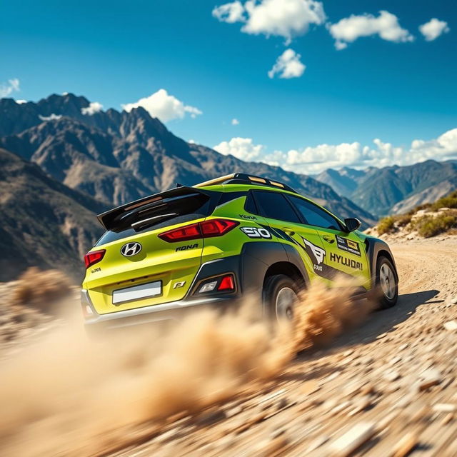 A vibrant lime green 2020 Hyundai Kona rally car speeding through a rugged terrain, dust and gravel kicking up behind its tires