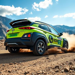 A vibrant lime green 2020 Hyundai Kona rally car speeding through a rugged terrain, dust and gravel kicking up behind its tires