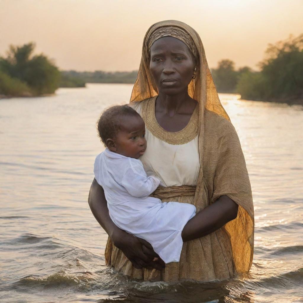 Mother of Prophet Moses, with tear-filled eyes, setting the chest carrying her infant son afloat on the River Nile's gentle currents, under the hopeful morning sun.