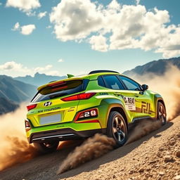 A vibrant lime green 2020 Hyundai Kona rally car speeding through a rugged terrain, dust and gravel kicking up behind its tires