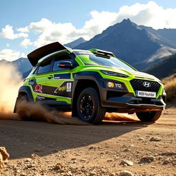 A vibrant lime green 2020 Hyundai Kona rally car speeding through a rugged terrain, dust and gravel kicking up behind its tires