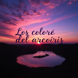 A sunset over a small lake where the sun is setting, reflecting purple and sky blue colors in the clouds