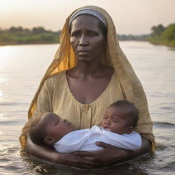 Mother of Prophet Moses, with tear-filled eyes, setting the chest carrying her infant son afloat on the River Nile's gentle currents, under the hopeful morning sun.