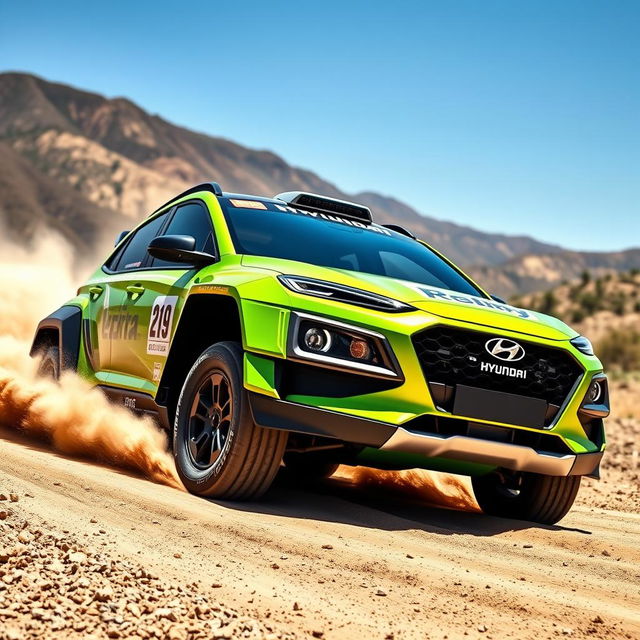 A visually stunning lime green 2020 Hyundai Kona configured as a spectacular rally car