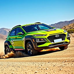 A visually stunning lime green 2020 Hyundai Kona configured as a spectacular rally car