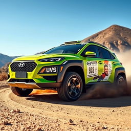 A visually stunning lime green 2020 Hyundai Kona configured as a spectacular rally car
