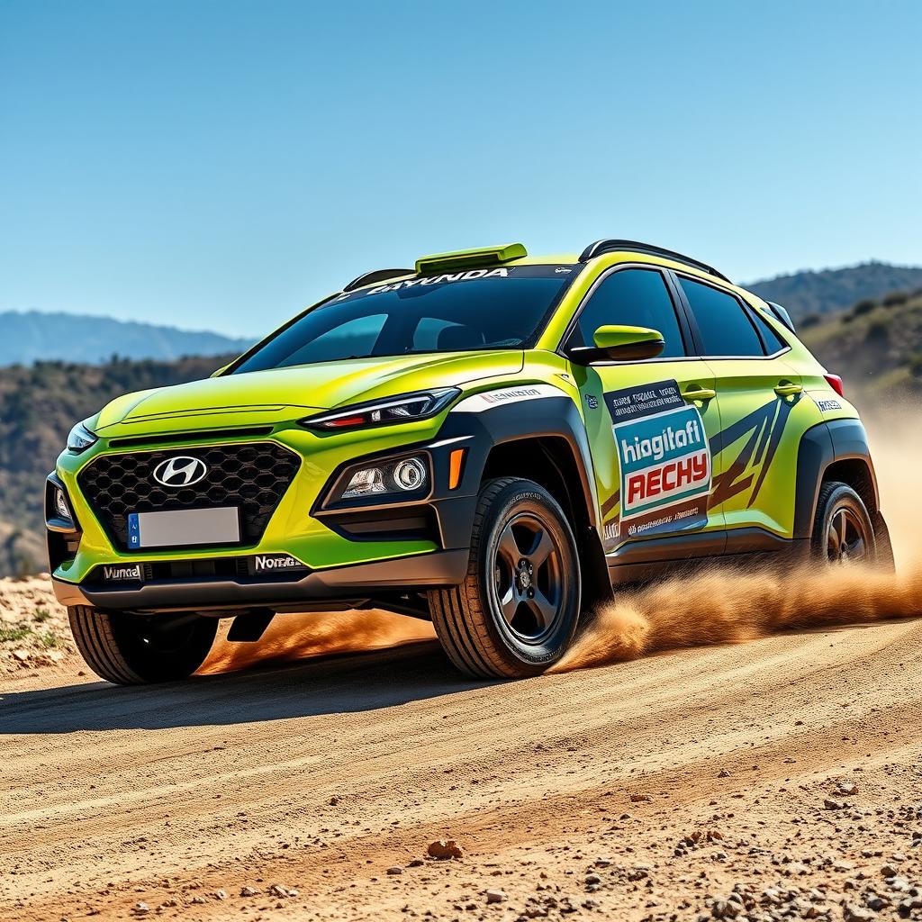 A visually stunning lime green 2020 Hyundai Kona configured as a spectacular rally car