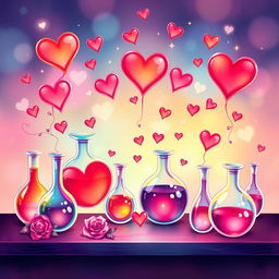 An enchanting and lovely book cover design illustrated in a vibrant, whimsical style, centered around the theme of love and chemistry