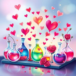 An enchanting and lovely book cover design illustrated in a vibrant, whimsical style, centered around the theme of love and chemistry