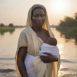 Mother of Prophet Moses, with tear-filled eyes, setting the chest carrying her infant son afloat on the River Nile's gentle currents, under the hopeful morning sun.