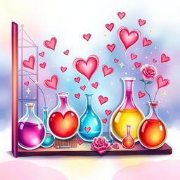 An enchanting and lovely book cover design illustrated in a vibrant, whimsical style, centered around the theme of love and chemistry