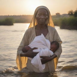 Mother of Prophet Moses, with tear-filled eyes, setting the chest carrying her infant son afloat on the River Nile's gentle currents, under the hopeful morning sun.