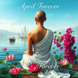 A serene book cover featuring a slim and slender tonsured woman’s back, clad in a white flowing sari, sitting gracefully on the banks of the Ganges River