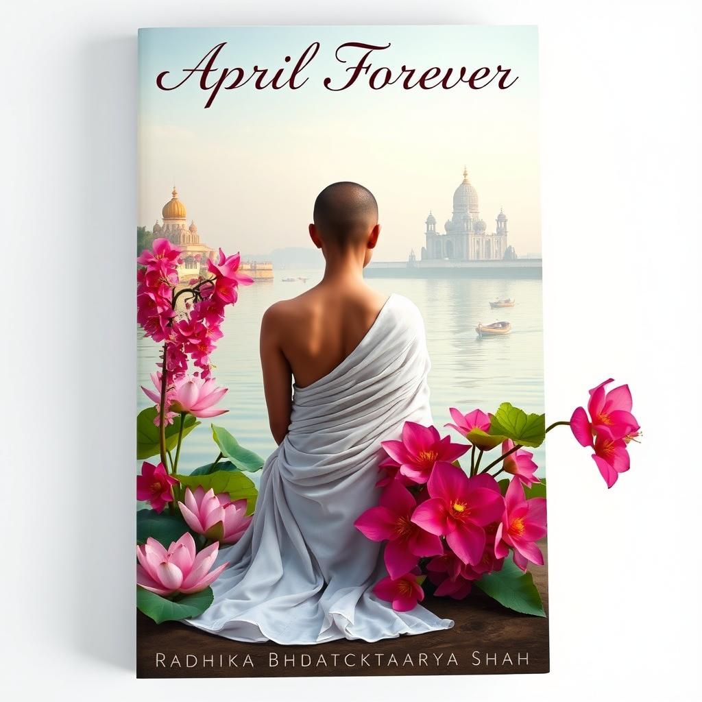 A serene book cover featuring a slim and slender tonsured woman’s back, clad in a white flowing sari, sitting gracefully on the banks of the Ganges River