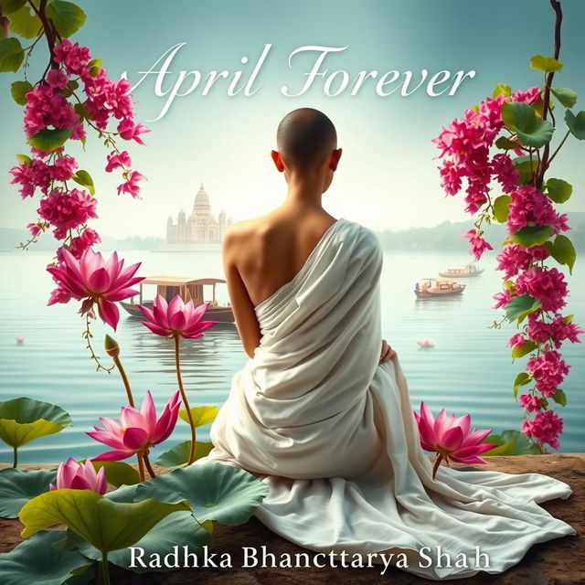 A serene book cover featuring a slim and slender tonsured woman’s back, clad in a white flowing sari, sitting gracefully on the banks of the Ganges River