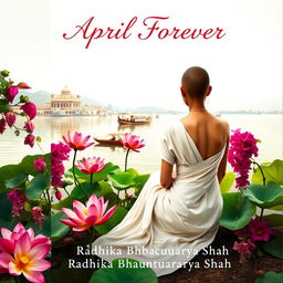A serene book cover featuring a slim and slender tonsured woman’s back, clad in a white flowing sari, sitting gracefully on the banks of the Ganges River