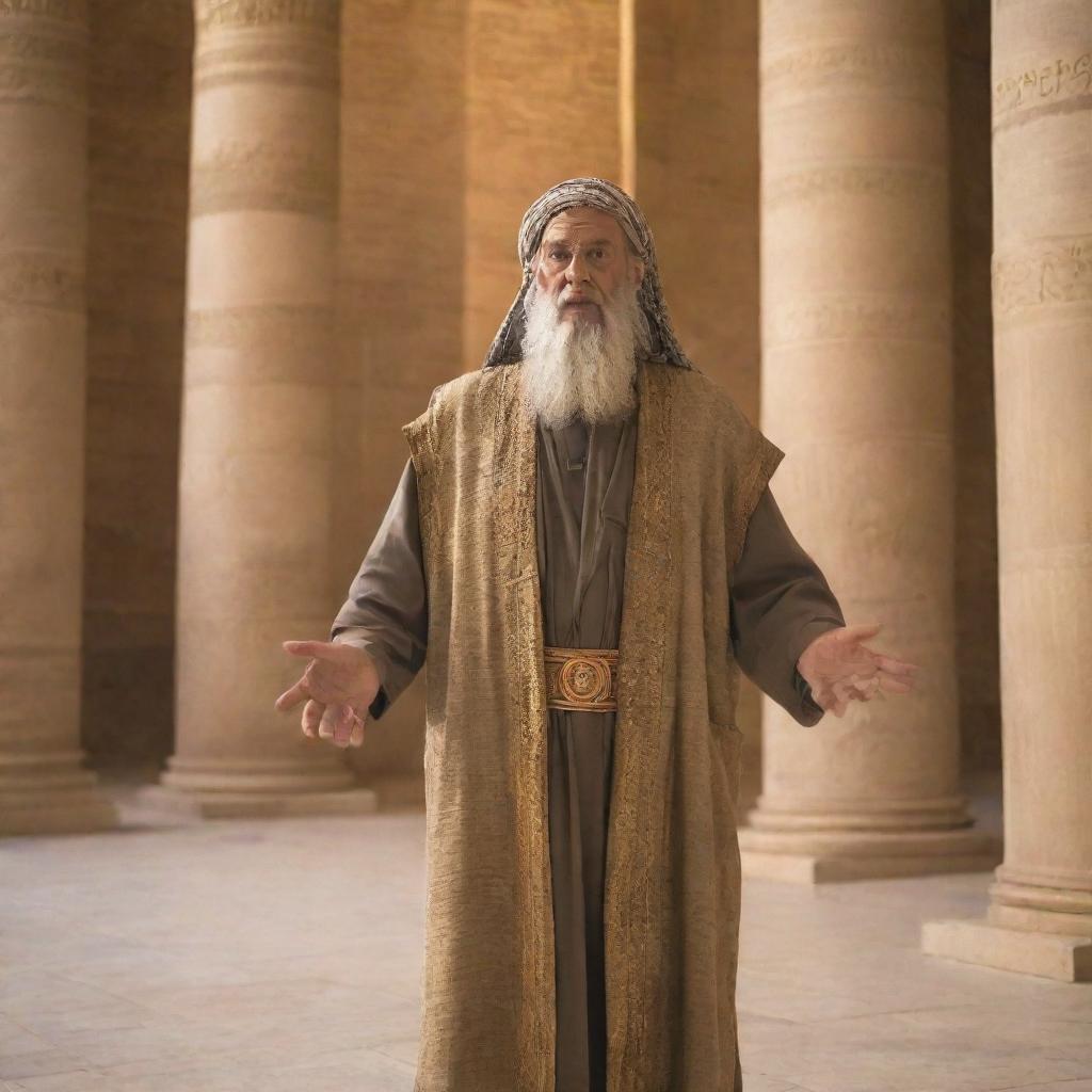 An adult Prophet Moses, three years later, standing confidently in Pharaoh's grand palace, preaching wisdom and truth to the captive audience.