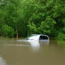 An SUV submerged in a flooded river up to just above the side mirror level, emphasizing the depth and power of the flooding water.