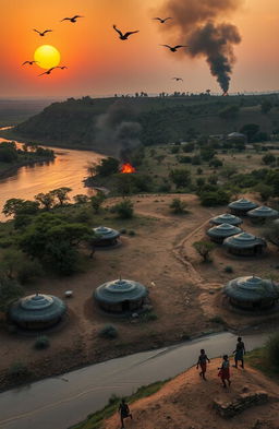 An aerial view of three African villages beside a river with huge banks and towering trees along its edges