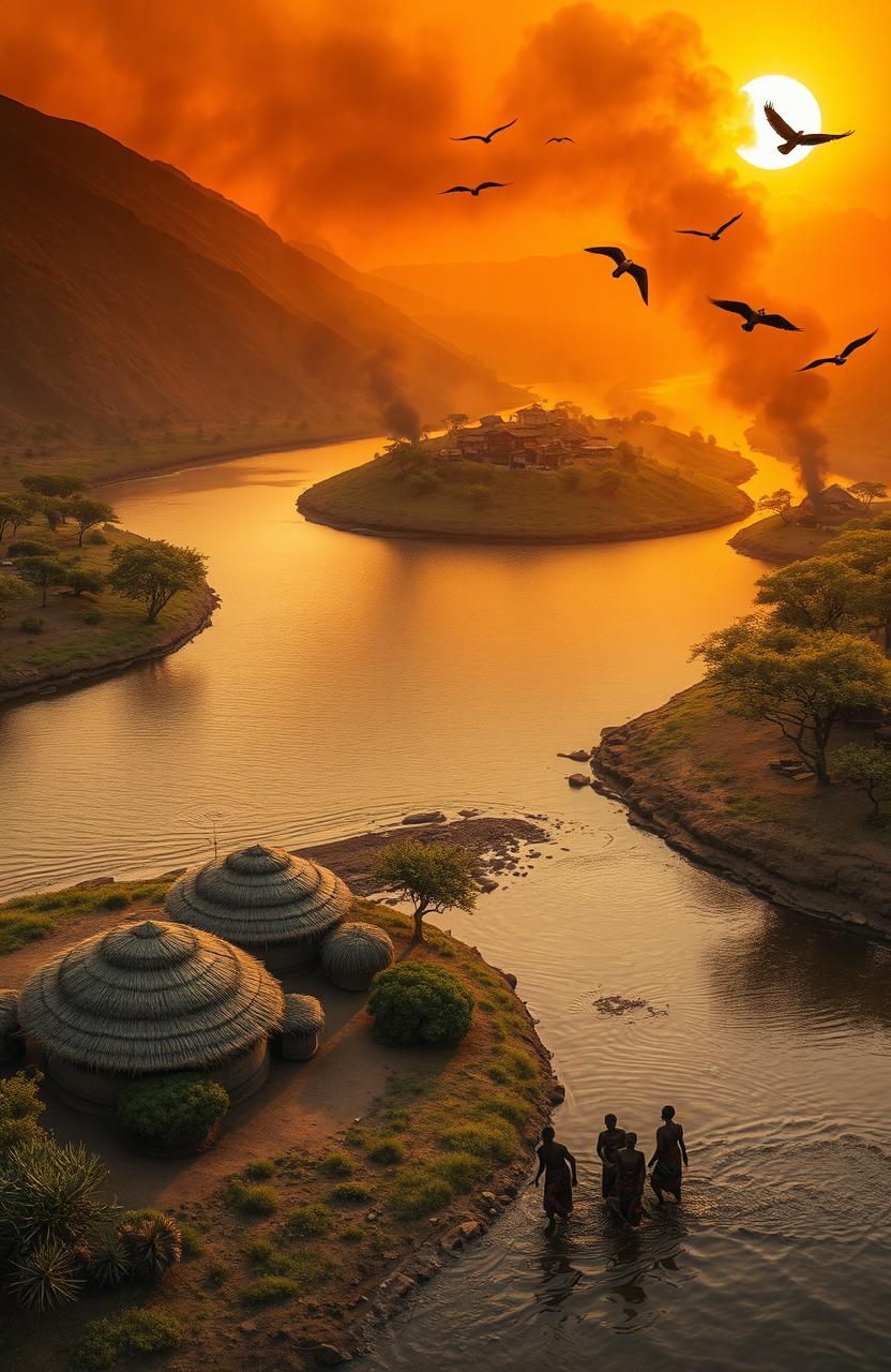 An aerial view of three African villages beside a river with huge banks and towering trees along its edges