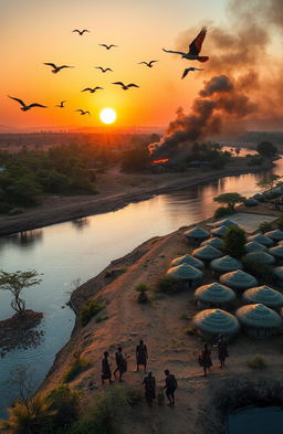 An aerial view of three African villages beside a river with huge banks and towering trees along its edges
