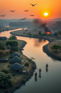 An aerial view of three African villages beside a river with huge banks and towering trees along its edges