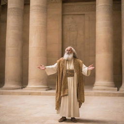 An adult Prophet Moses, three years later, standing confidently in Pharaoh's grand palace, preaching wisdom and truth to the captive audience.