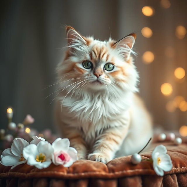 A soft-focus close-up shot of a glossy, beautifully adorned cat sitting gracefully on a luxurious velvet cushion, surrounded by flowers and twinkling fairy lights, radiating elegance and charm