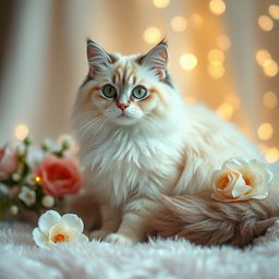 A soft-focus close-up shot of a glossy, beautifully adorned cat sitting gracefully on a luxurious velvet cushion, surrounded by flowers and twinkling fairy lights, radiating elegance and charm