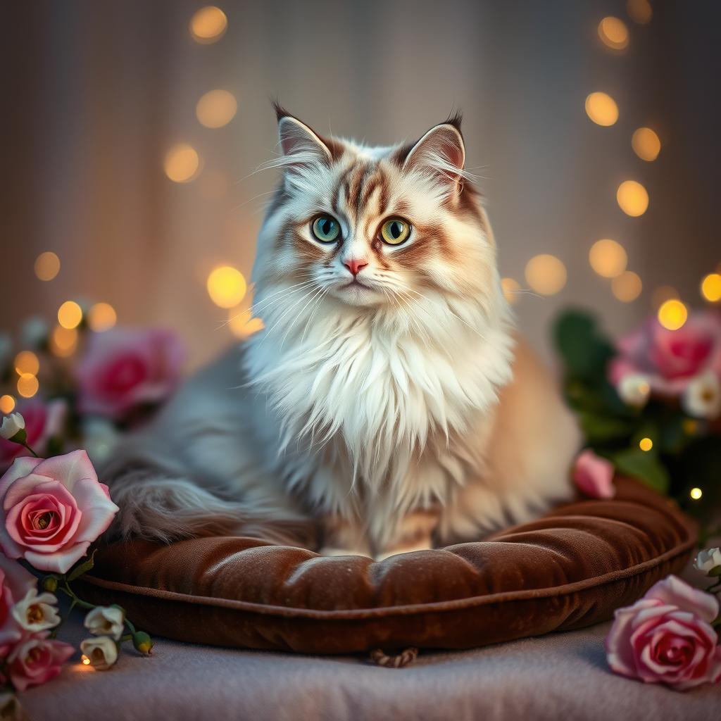 A soft-focus close-up shot of a glossy, beautifully adorned cat sitting gracefully on a luxurious velvet cushion, surrounded by flowers and twinkling fairy lights, radiating elegance and charm