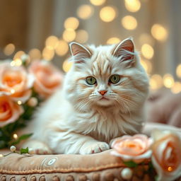 A soft-focus close-up shot of a glossy, beautifully adorned cat sitting gracefully on a luxurious velvet cushion, surrounded by flowers and twinkling fairy lights, radiating elegance and charm